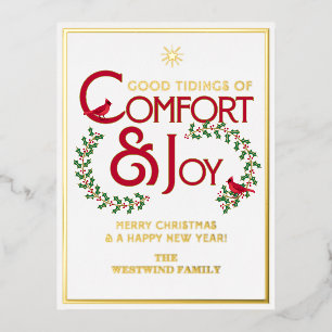 Postal Festiva Con Relieve Metalizado Comodidad y Alegría Tipografía Feliz Navidad