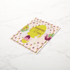 Postal Festiva Con Relieve Metalizado Conejo y huevos de Pascua.