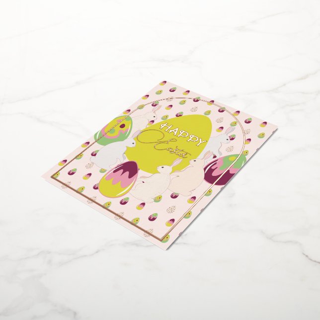 Postal Festiva Con Relieve Metalizado Conejo y huevos de Pascua. (girado)