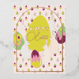 Postal Festiva Con Relieve Metalizado Conejo y huevos de Pascua.
