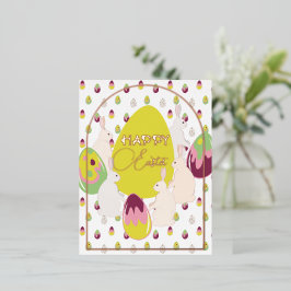 Postal Festiva Con Relieve Metalizado Conejo y huevos de Pascua.