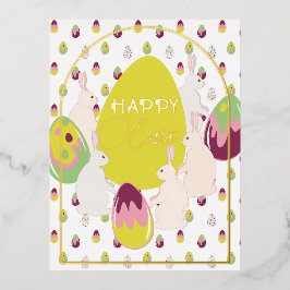 Postal Festiva Con Relieve Metalizado Conejo y huevos de Pascua.