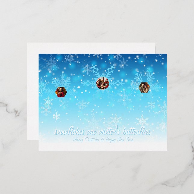 Postal Festiva Con Relieve Metalizado Copos de nieve (Anverso/Reverso)
