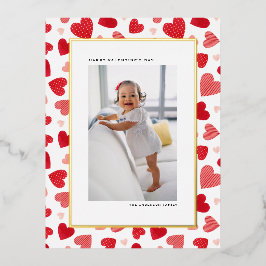 Postal Festiva Con Relieve Metalizado Corazones de color rojo foto feliz Día de San Vale