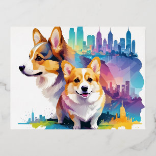 Postal Festiva Con Relieve Metalizado Corgi Vintage Animal Nature Environment City Art