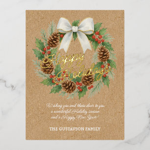 Postal Festiva Con Relieve Metalizado Corona de diciembre elegante con lazo blanco acuar