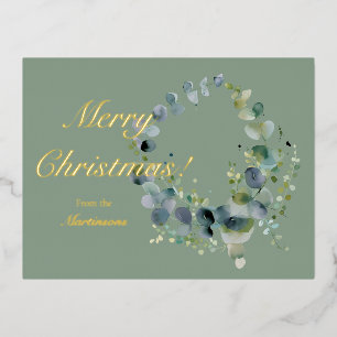 Postal Festiva Con Relieve Metalizado Corona de Navidad de Eucalipto Verde