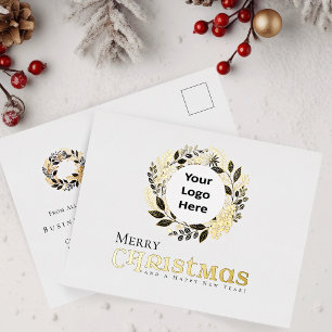 Postal Festiva Con Relieve Metalizado Corona de Navidad en negro y dorado Negocios