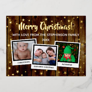 Postal Festiva Con Relieve Metalizado Country Wood Stars Merry Christmas Family 3 Photo