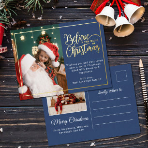 Postal Festiva Con Relieve Metalizado Creer en Navidades magia 2 fotos familiares azul