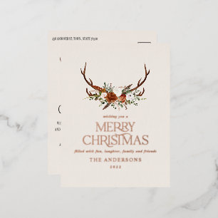 Postal Festiva Con Relieve Metalizado crema de Navidad botánico elegante ciervo floral