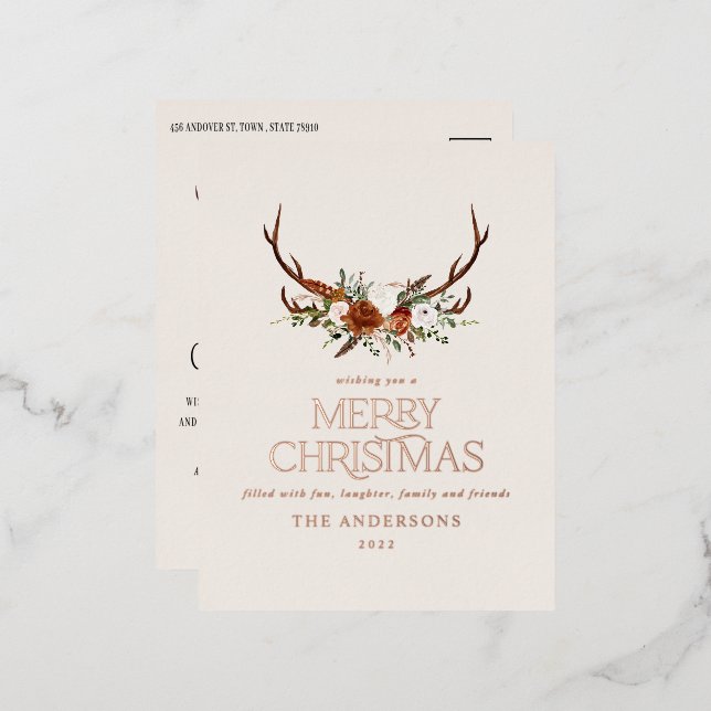 Postal Festiva Con Relieve Metalizado crema de Navidad botánico elegante ciervo floral (Anverso/Reverso)