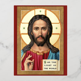 Postal Festiva Con Relieve Metalizado Cristo la luz del mundo