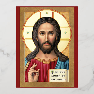 Postal Festiva Con Relieve Metalizado Cristo la luz del mundo