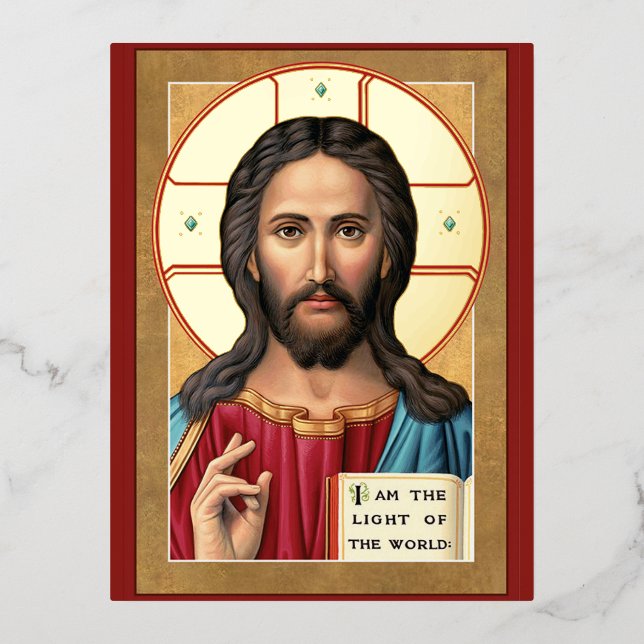 Postal Festiva Con Relieve Metalizado Cristo la luz del mundo (Anverso)