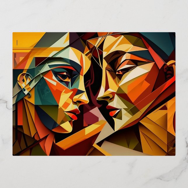 Postal Festiva Con Relieve Metalizado Cubismo de amor (Anverso)