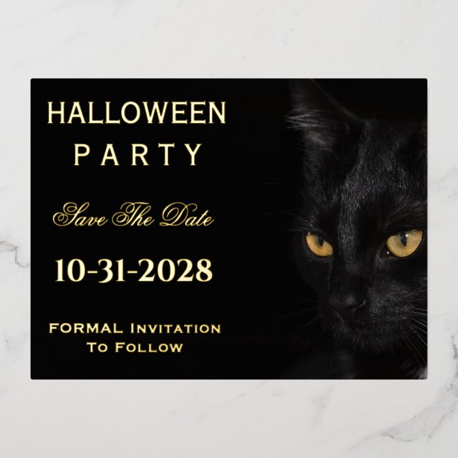 Postal Festiva Con Relieve Metalizado Cuidados ojos de gato negro salvan la fecha Fiesta (Anverso)