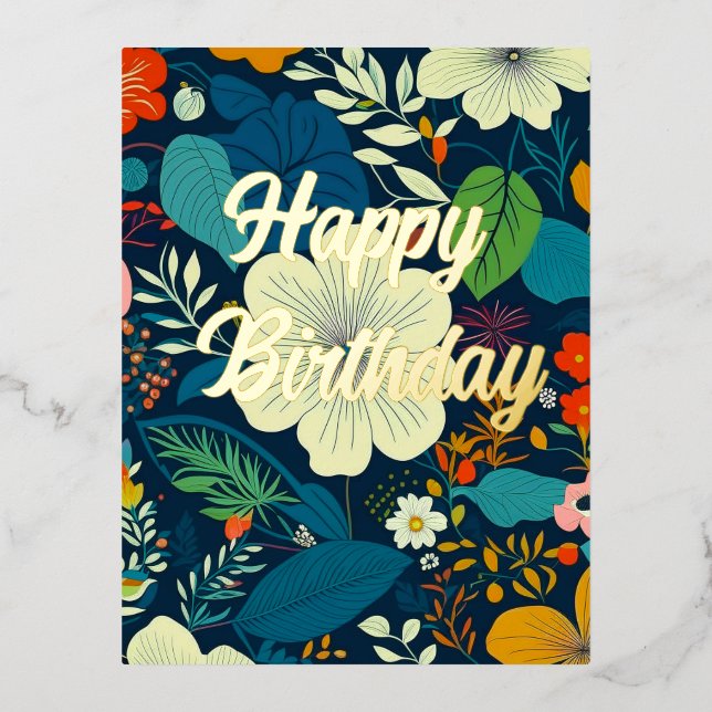 Postal Festiva Con Relieve Metalizado Cumpleaños floral (Anverso)
