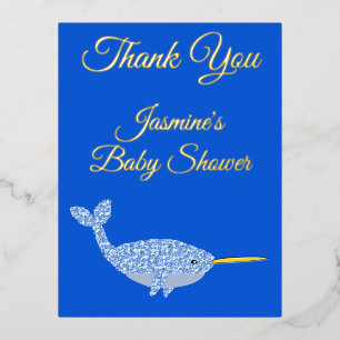 Postal Festiva Con Relieve Metalizado Cumpleaños Personalizado de Niño Bebé Narval Azul 