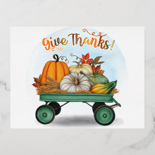 Postal Festiva Con Relieve Metalizado "Dar Gracias" Carroza de Cosecha de Otoño