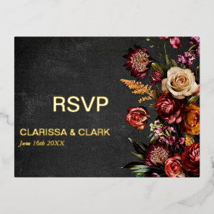 Postal Festiva Con Relieve Metalizado Dark Moody Negrita Boda de Flor Salvaje RSVP Postc