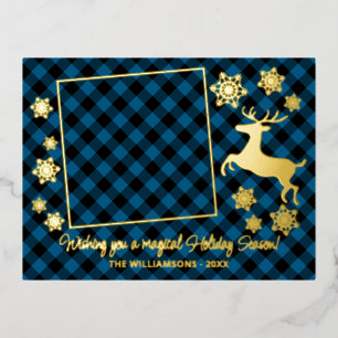 Postal Festiva Con Relieve Metalizado Deer de oro y copos de nieve en el patrón de la pl