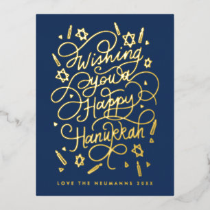 Postal Festiva Con Relieve Metalizado Deseándote una feliz janucá letra a mano