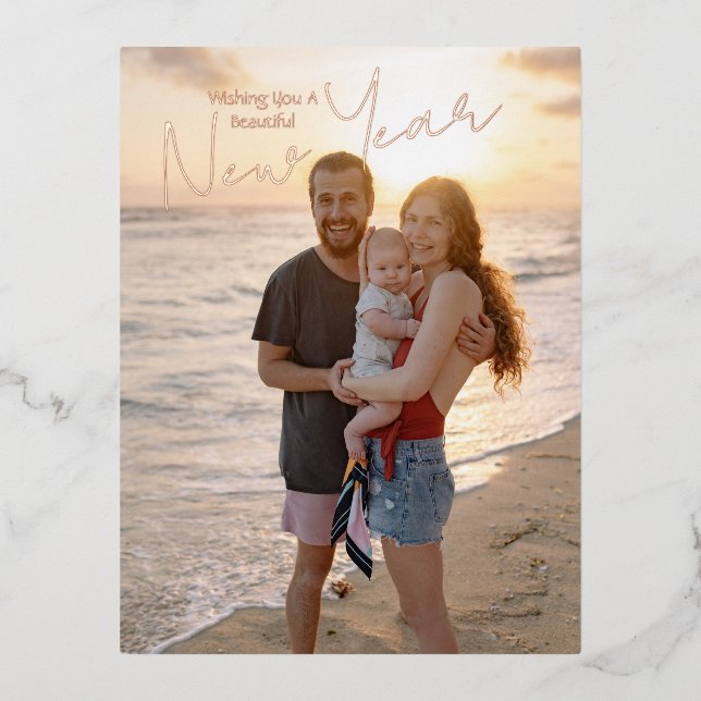 Postal Festiva Con Relieve Metalizado Deseándote Una Hermosa Foto De Año Nuevo (Anverso)