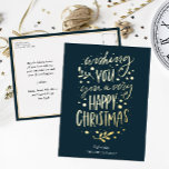 Postal Festiva Con Relieve Metalizado Desearte Feliz Navidad Azul Oro No Foto<br><div class="desc">Deséenle Feliz Navidad Blue Gold Script Non Photo Real Relieve metalizado Holiday Postcard. Envíe saludos de vacaciones a sus seres queridos con esta tarjeta festiva y moderna. Todos los textos están preorganizados para que puedas personalizarlos fácil y rápidamente con tus propios detalles. Felices fiestas!</div>