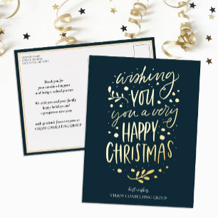 Postal Festiva Con Relieve Metalizado Desearte Feliz Navidad Blue Gold Script Business