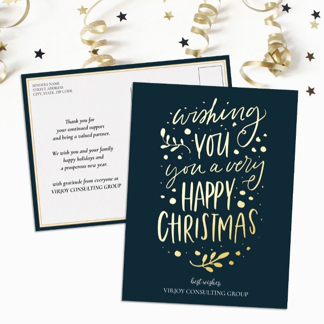 Postal Festiva Con Relieve Metalizado Desearte Feliz Navidad Blue Gold Script Business (Subido por el creador)