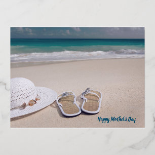 Postal Festiva Con Relieve Metalizado Día de la Madre Playa . Chanclas ,Océano