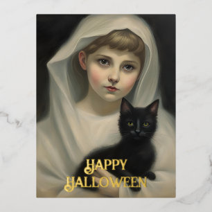 Postal Festiva Con Relieve Metalizado Día de Muertos con fantasma y gato negro