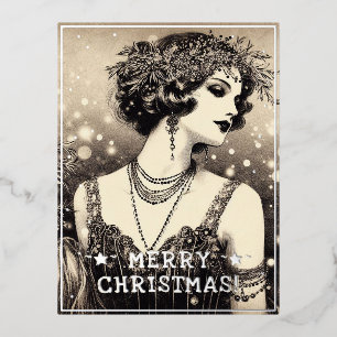 Postal Festiva Con Relieve Metalizado Dibujo Retro de Dama Vintage Feliz Navidad