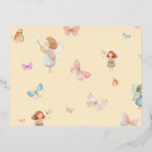 Postal Festiva Con Relieve Metalizado Diseño de guardería de mariposa patrón de hada pas