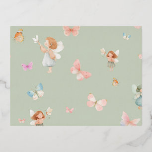 Postal Festiva Con Relieve Metalizado Diseño de guardería de mariposa patrón de hada pas
