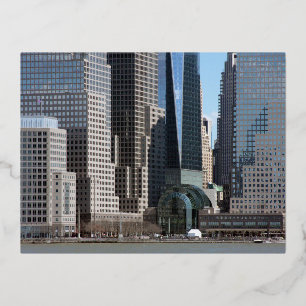 Postal Festiva Con Relieve Metalizado Distrito Financiero de Manhattan