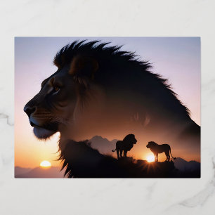 Postal Festiva Con Relieve Metalizado Doble exposición de león Naturaleza animal Natural