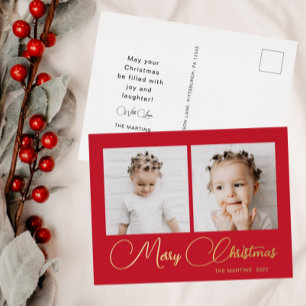 Postal Festiva Con Relieve Metalizado Dos Navidades de fotografía rojos clásicos