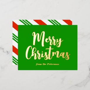 Postal Festiva Con Relieve Metalizado Dulce Caña de Navidad Verde Raya Dorado Feliz Navi