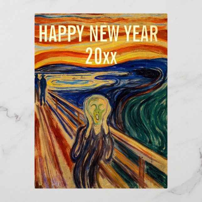 Postal Festiva Con Relieve Metalizado Edvard Munch - Feliz Año Nuevo con la crema (Anverso)