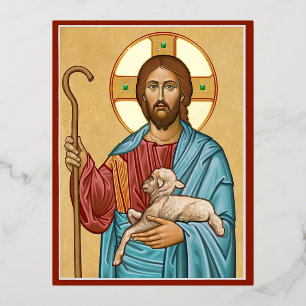 Postal Festiva Con Relieve Metalizado El Buen Pastor