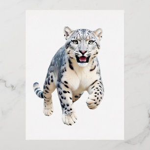 Postal Festiva Con Relieve Metalizado El Leopardo De La Nieve Feliz Diversión Jugadora S
