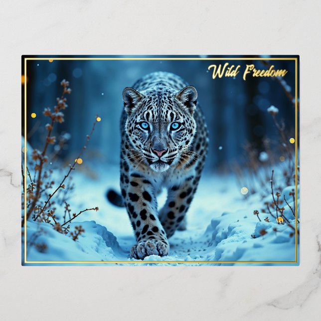 Postal Festiva Con Relieve Metalizado El majestuoso depredador de ojos azules del leopar (Anverso)