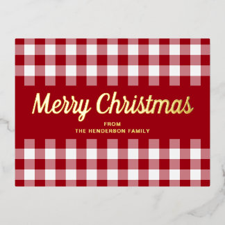 Postal Festiva Con Relieve Metalizado El oro de los Navidades de Gingham rojo clásico