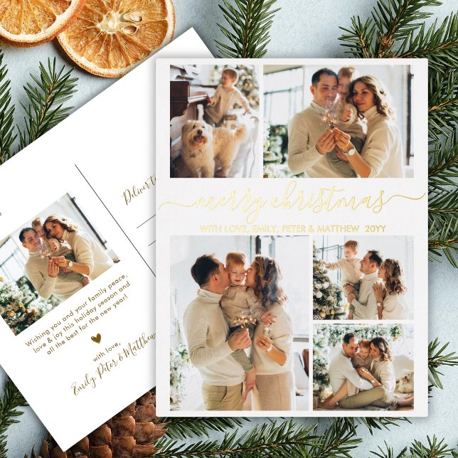 Postal Festiva Con Relieve Metalizado Elegant Gold Script 6 Photo Collage Christmas Real (Subido por el creador)
