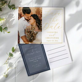 Postal Festiva Con Relieve Metalizado Elegant Real Gold & Photo Save the Date Wedding