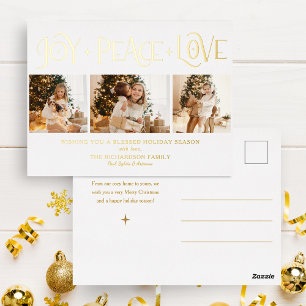Postal Festiva Con Relieve Metalizado Elegante Alegría Paz Amor Script 3-Foto