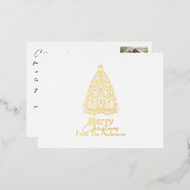 Postal Festiva Con Relieve Metalizado Elegante árbol de navidad navideño (Anverso/Reverso)