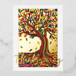 Postal Festiva Con Relieve Metalizado Elegante árbol de otoño bello decorativo
